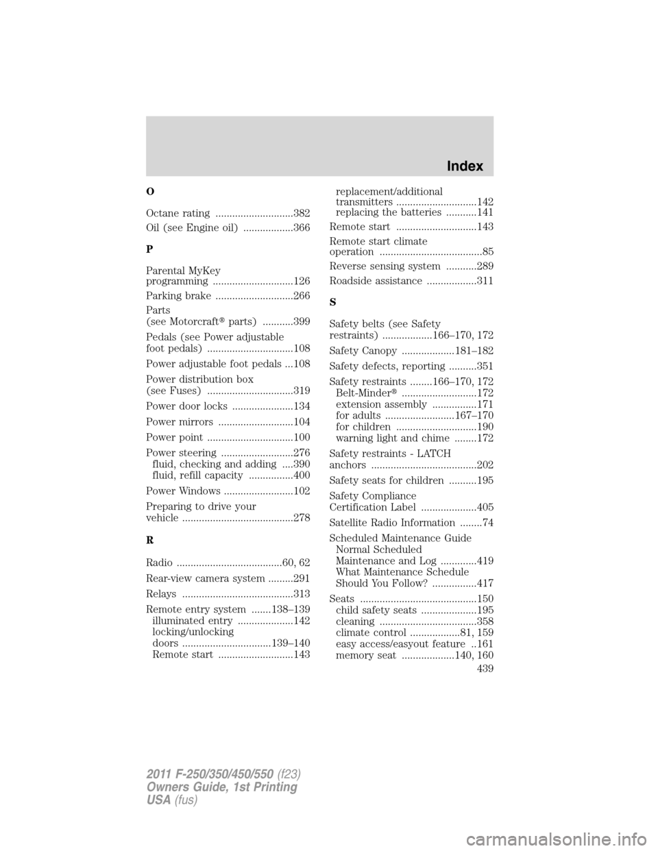 FORD SUPER DUTY 2011 3.G Owners Manual O
Octane rating ............................382
Oil (see Engine oil) ..................366
P
Parental MyKey
programming .............................126
Parking brake ............................266
P