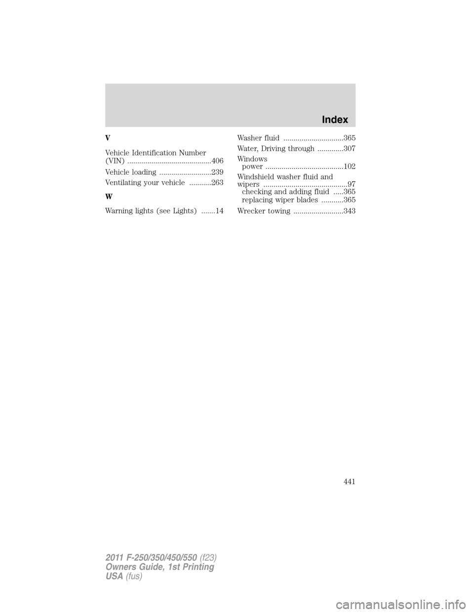 FORD SUPER DUTY 2011 3.G Owners Manual V
Vehicle Identification Number
(VIN) ..........................................406
Vehicle loading ..........................239
Ventilating your vehicle ...........263
W
Warning lights (see Lights) 