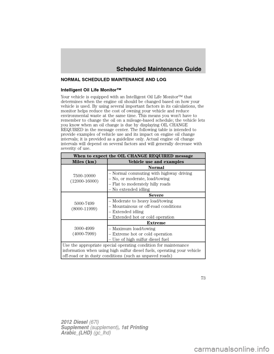 FORD SUPER DUTY 2012 3.G Diesel Supplement Manual NORMAL SCHEDULED MAINTENANCE AND LOG
Intelligent Oil Life Monitor™
Your vehicle is equipped with an Intelligent Oil Life Monitor™ that
determines when the engine oil should be changed based on how