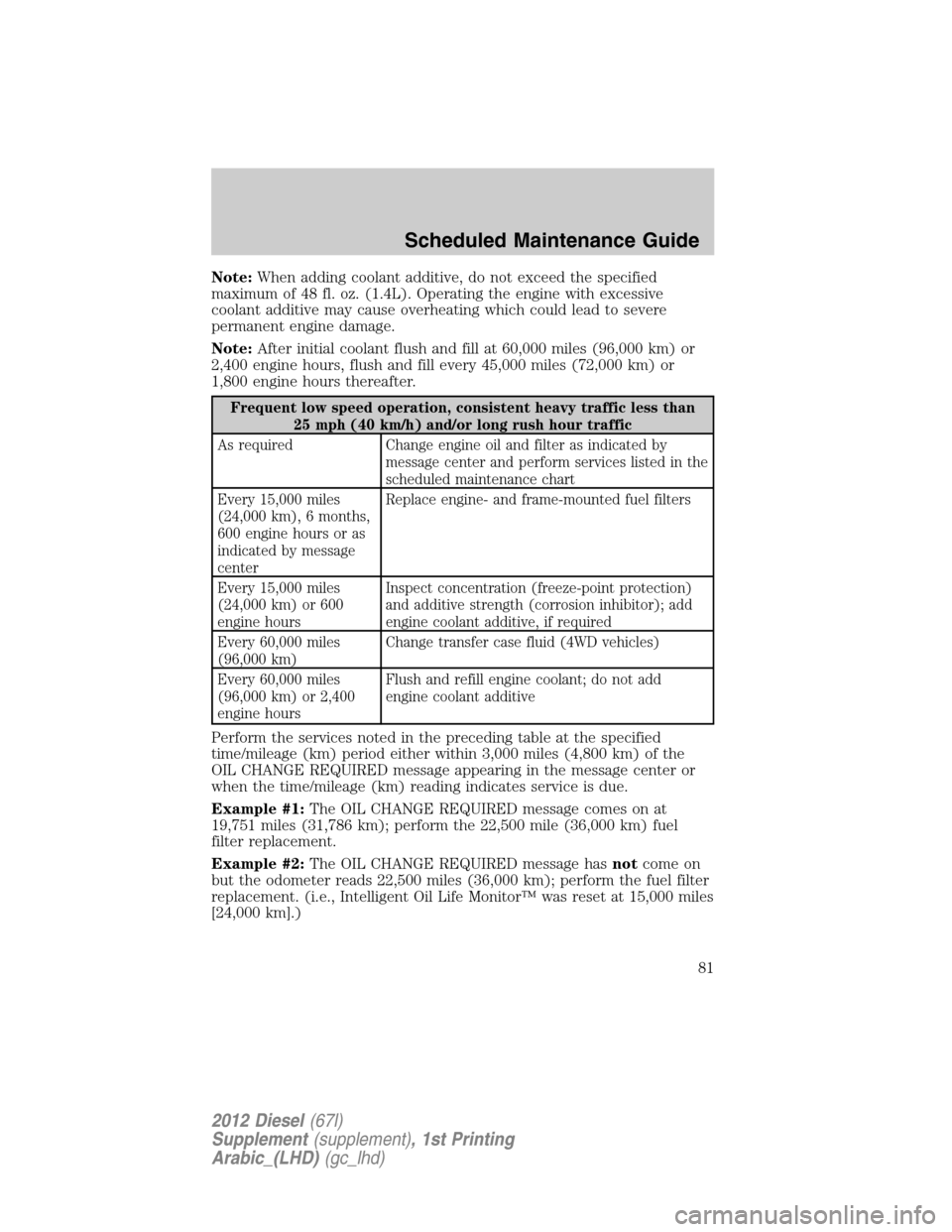 FORD SUPER DUTY 2012 3.G Diesel Supplement Manual Note:When adding coolant additive, do not exceed the specified
maximum of 48 fl. oz. (1.4L). Operating the engine with excessive
coolant additive may cause overheating which could lead to severe
perma FORD SUPER DUTY 2012 3.G Diesel Supplement Manual Note:When adding coolant additive, do not exceed the specified
maximum of 48 fl. oz. (1.4L). Operating the engine with excessive
coolant additive may cause overheating which could lead to severe
perma