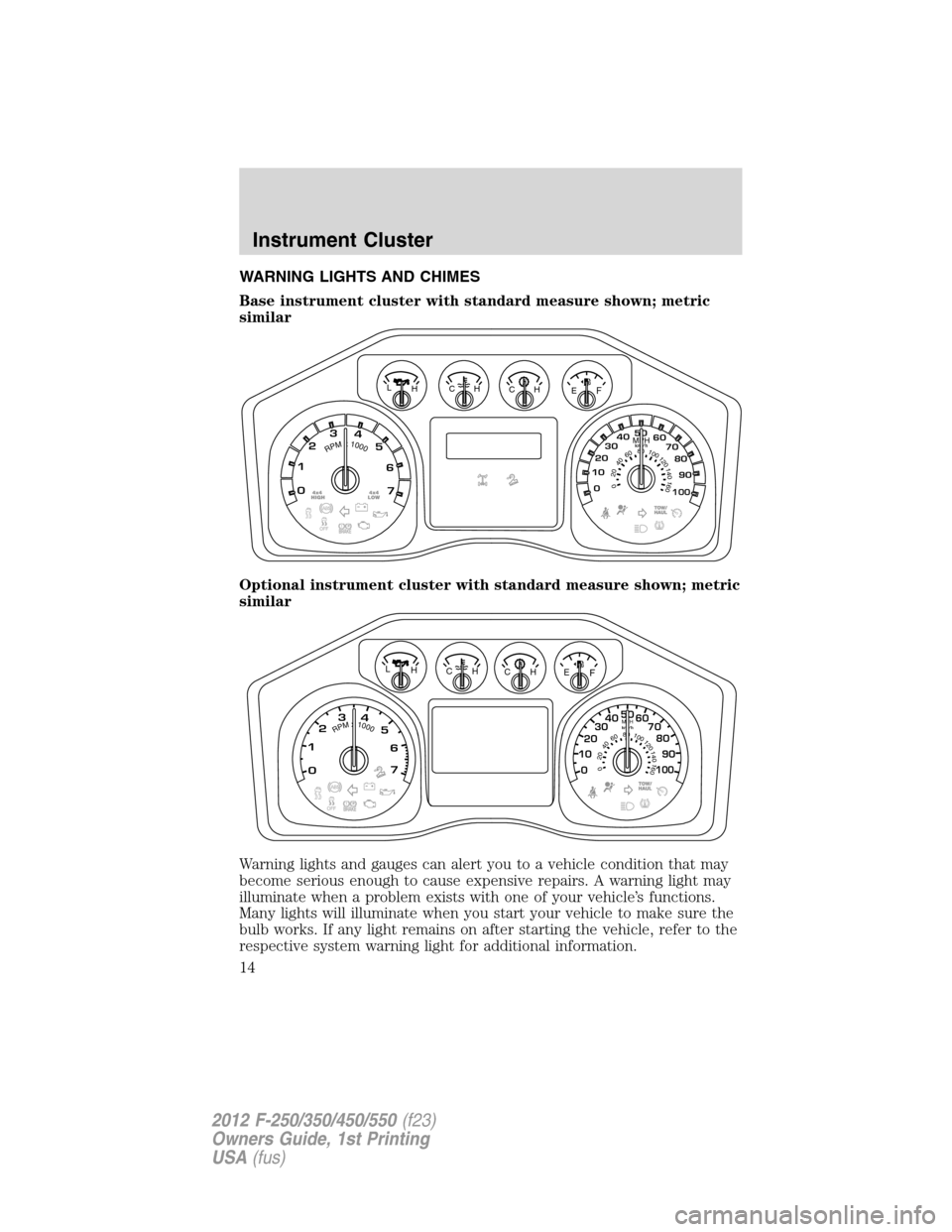 FORD SUPER DUTY 2012 3.G User Guide WARNING LIGHTS AND CHIMES
Base instrument cluster with standard measure shown; metric
similar
Optional instrument cluster with standard measure shown; metric
similar
Warning lights and gauges can aler