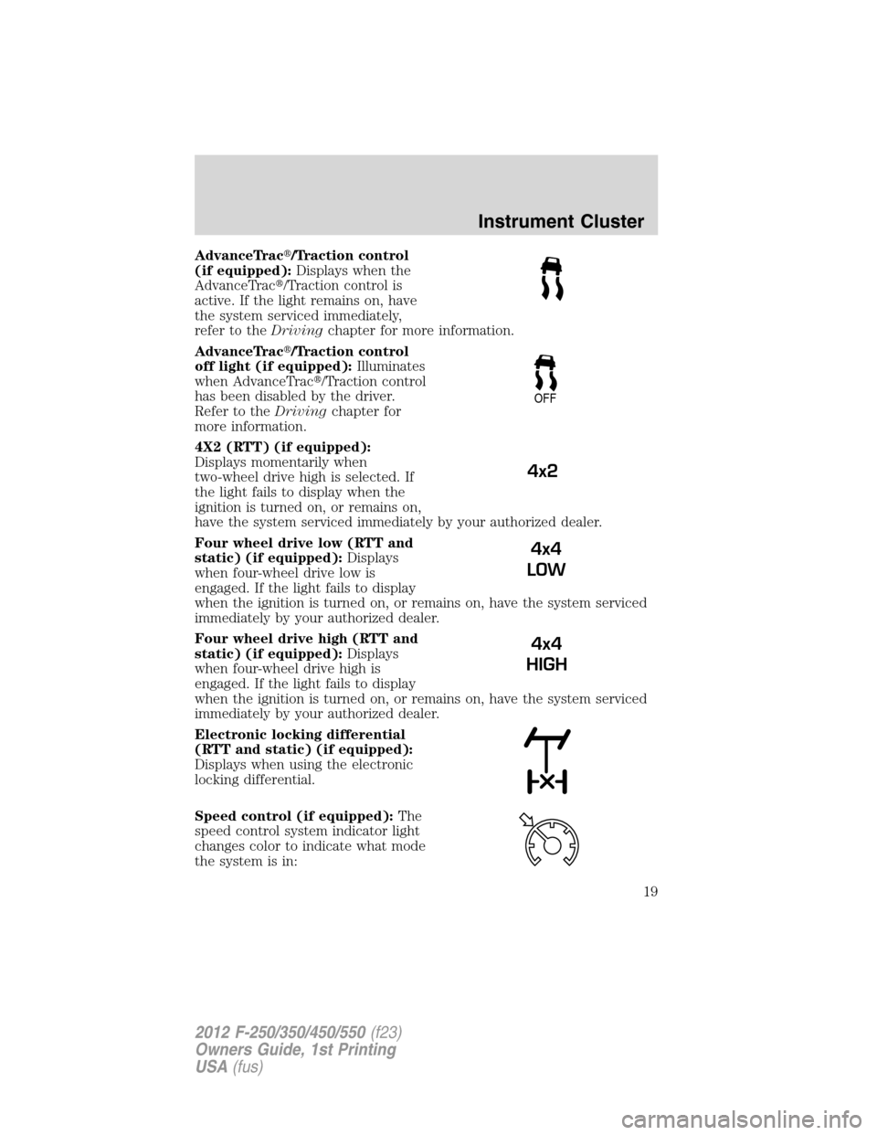 FORD SUPER DUTY 2012 3.G User Guide AdvanceTrac/Traction control
(if equipped):Displays when the
AdvanceTrac/Traction control is
active. If the light remains on, have
the system serviced immediately,
refer to theDrivingchapter for mor