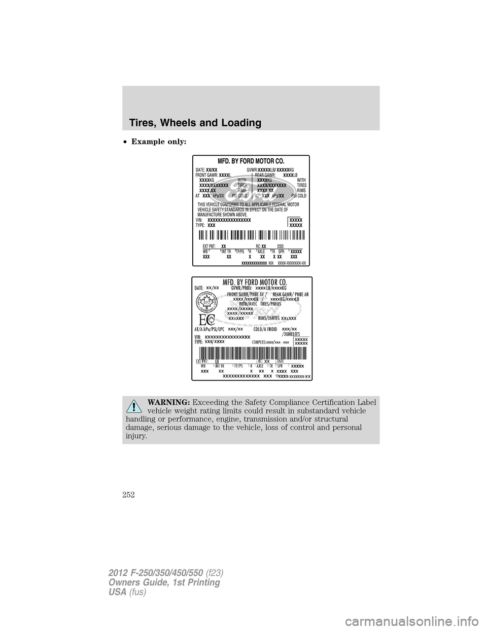 FORD SUPER DUTY 2012 3.G Owners Manual •Example only:
WARNING:Exceeding the Safety Compliance Certification Label
vehicle weight rating limits could result in substandard vehicle
handling or performance, engine, transmission and/or struc