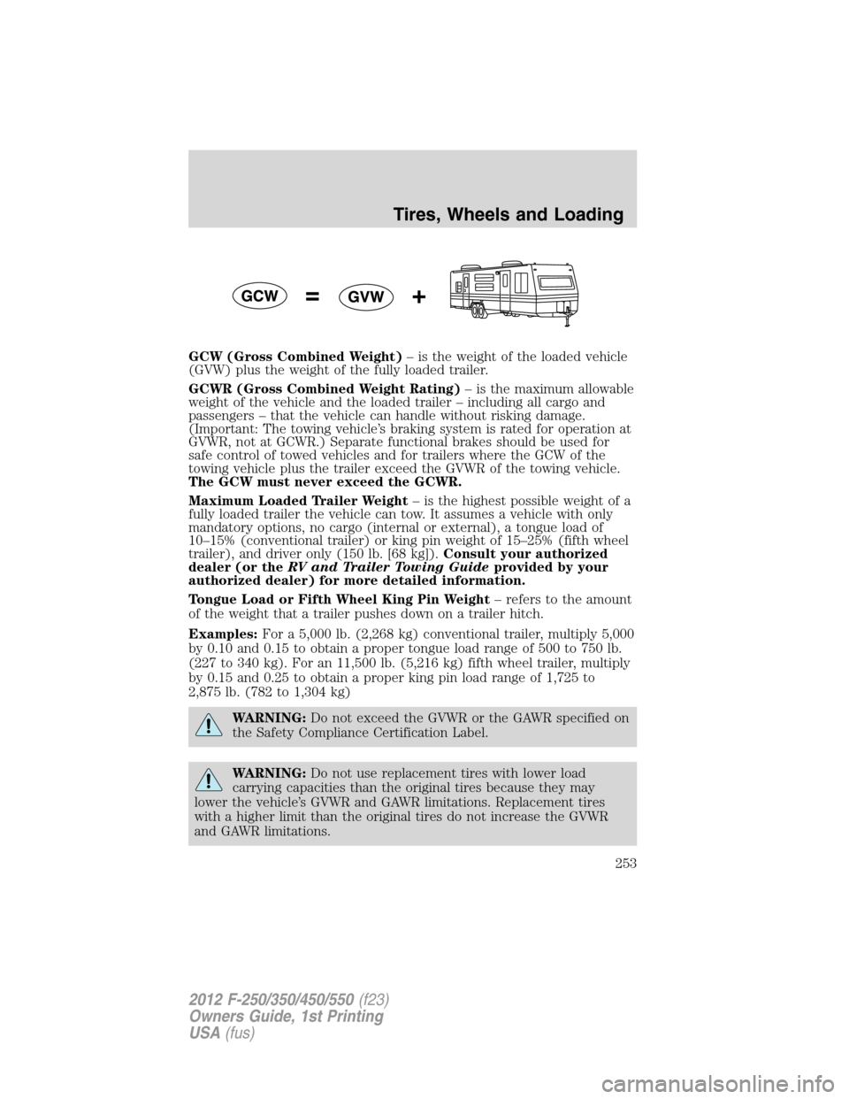 FORD SUPER DUTY 2012 3.G Owners Manual GCW (Gross Combined Weight)– is the weight of the loaded vehicle
(GVW) plus the weight of the fully loaded trailer.
GCWR (Gross Combined Weight Rating)– is the maximum allowable
weight of the vehi