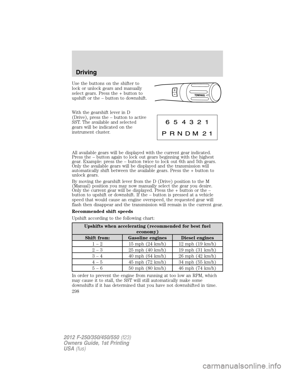 FORD SUPER DUTY 2012 3.G Owners Manual Use the buttons on the shifter to
lock or unlock gears and manually
select gears. Press the + button to
upshift or the – button to downshift.
With the gearshift lever in D
(Drive), press the – but