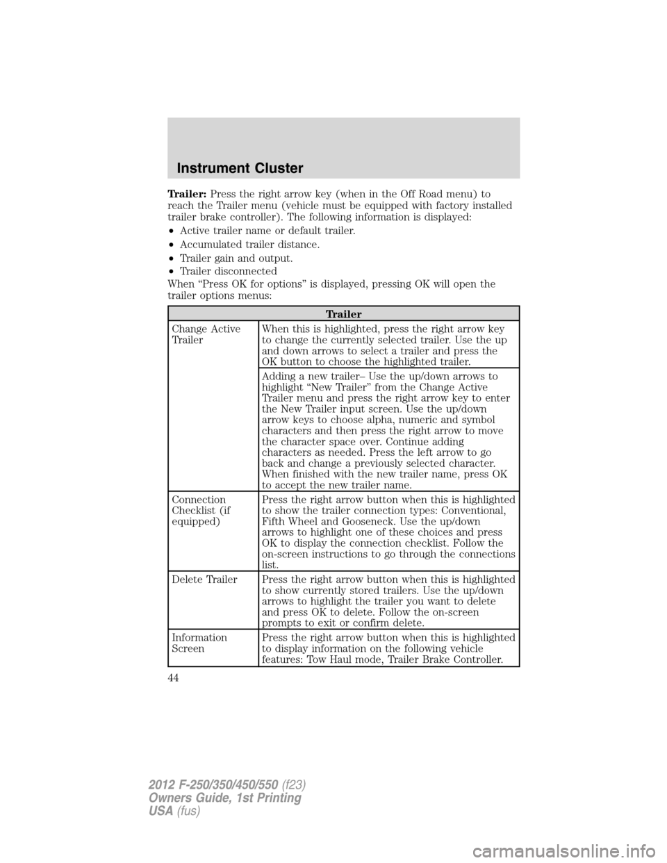 FORD SUPER DUTY 2012 3.G Service Manual Trailer:Press the right arrow key (when in the Off Road menu) to
reach the Trailer menu (vehicle must be equipped with factory installed
trailer brake controller). The following information is display
