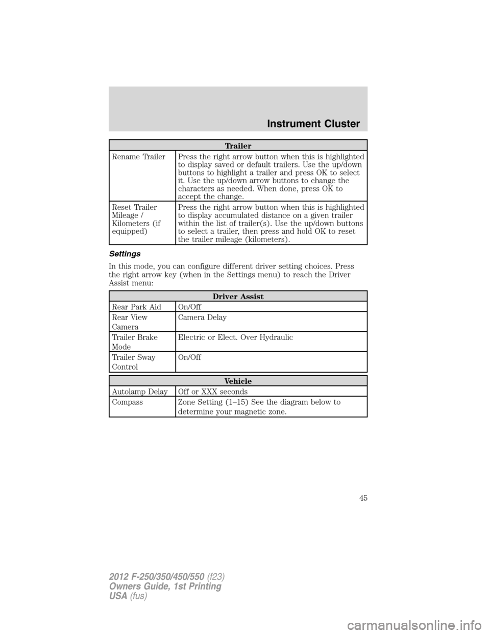 FORD SUPER DUTY 2012 3.G Service Manual Trailer
Rename Trailer Press the right arrow button when this is highlighted
to display saved or default trailers. Use the up/down
buttons to highlight a trailer and press OK to select
it. Use the up/