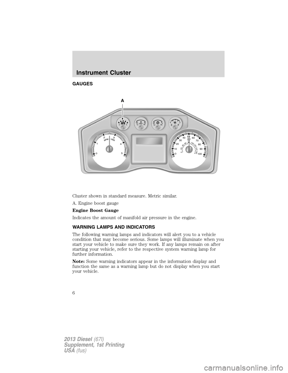 FORD SUPER DUTY 2013 3.G Diesel Supplement Manual GAUGES
Cluster shown in standard measure. Metric similar.
A. Engine boost gauge
Engine Boost Gauge
Indicates the amount of manifold air pressure in the engine.
WARNING LAMPS AND INDICATORS
The followi