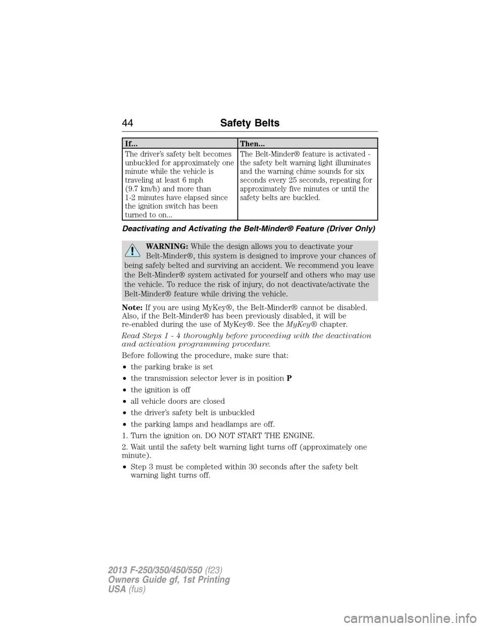 FORD SUPER DUTY 2013 3.G Service Manual If... Then...
The driver’s safety belt becomes
unbuckled for approximately one
minute while the vehicle is
traveling at least 6 mph
(9.7 km/h) and more than
1-2 minutes have elapsed since
the igniti FORD SUPER DUTY 2013 3.G Service Manual If... Then...
The driver’s safety belt becomes
unbuckled for approximately one
minute while the vehicle is
traveling at least 6 mph
(9.7 km/h) and more than
1-2 minutes have elapsed since
the igniti