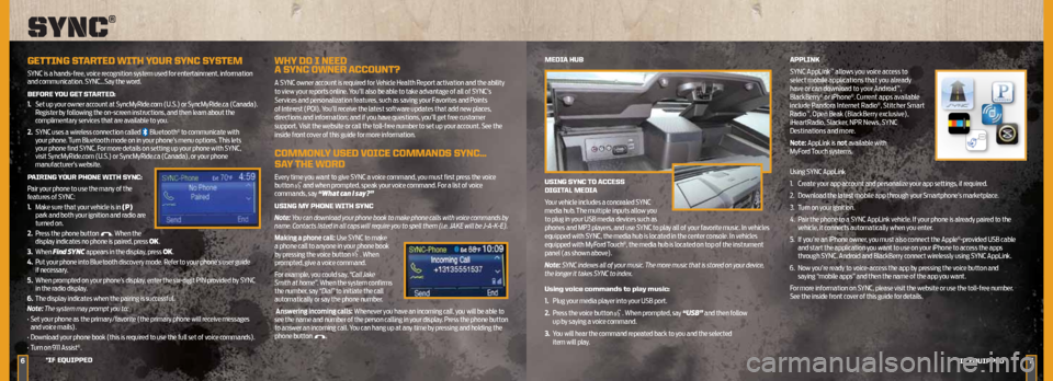 FORD SUPER DUTY 2013 3.G Quick Reference Guide 6
MeDiA HuB
uSinG S ynC tO ACCeSS   
DiGit AL MeDiA
Your	vehicle	includes	a	concealed	SYNC 	
media	hub. 	The	multiple	inputs	allow	you 	
to	plug	in	your	USB	media	devices	such	as 	
phones	and	MP3	play