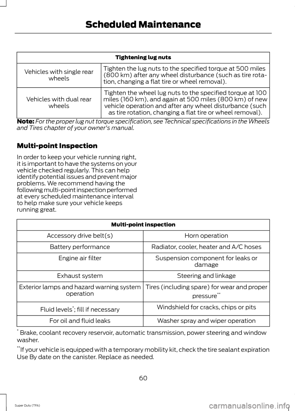FORD SUPER DUTY 2014 3.G Diesel Supplement Manual Tightening lug nuts
Tighten the lug nuts to the specified torque at 500 miles
(800 km) after any wheel disturbance (such as tire rota-
tion, changing a flat tire or wheel removal).
Vehicles with singl FORD SUPER DUTY 2014 3.G Diesel Supplement Manual Tightening lug nuts
Tighten the lug nuts to the specified torque at 500 miles
(800 km) after any wheel disturbance (such as tire rota-
tion, changing a flat tire or wheel removal).
Vehicles with singl