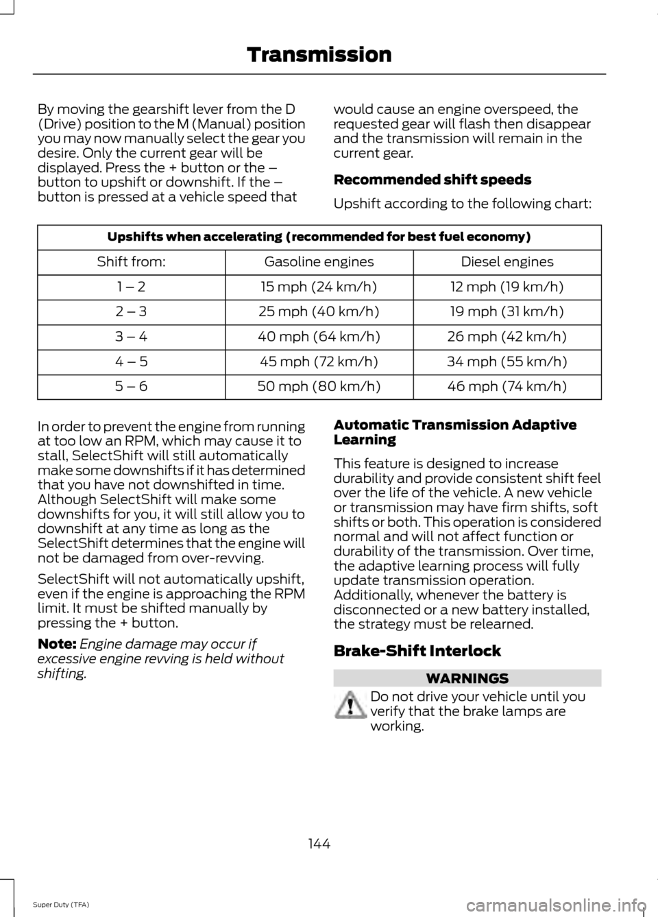 FORD SUPER DUTY 2014 3.G Owners Manual By moving the gearshift lever from the D
(Drive) position to the M (Manual) position
you may now manually select the gear you
desire. Only the current gear will be
displayed. Press the + button or the FORD SUPER DUTY 2014 3.G Owners Manual By moving the gearshift lever from the D
(Drive) position to the M (Manual) position
you may now manually select the gear you
desire. Only the current gear will be
displayed. Press the + button or the