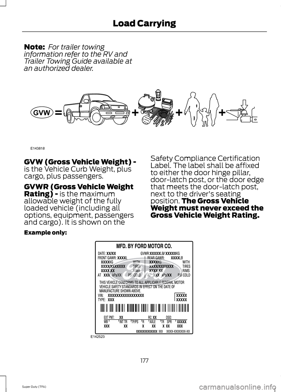 FORD SUPER DUTY 2014 3.G Owners Manual Note:
For trailer towing
information refer to the RV and
Trailer Towing Guide available at
an authorized dealer. GVW (Gross Vehicle Weight) -
is the Vehicle Curb Weight, plus
cargo, plus passengers.
FORD SUPER DUTY 2014 3.G Owners Manual Note:
For trailer towing
information refer to the RV and
Trailer Towing Guide available at
an authorized dealer. GVW (Gross Vehicle Weight) -
is the Vehicle Curb Weight, plus
cargo, plus passengers.