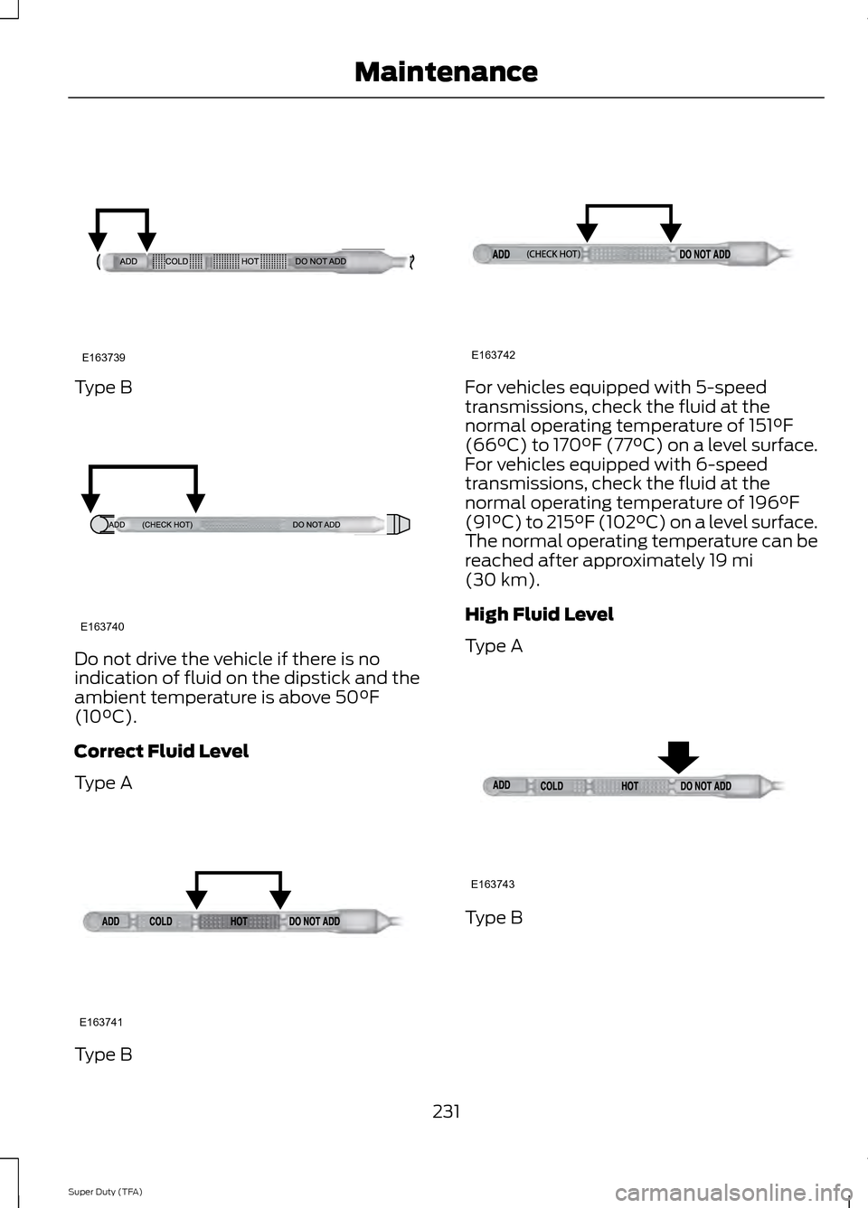FORD SUPER DUTY 2014 3.G Owners Manual Type B
Do not drive the vehicle if there is no
indication of fluid on the dipstick and the
ambient temperature is above 50°F
(10°C).
Correct Fluid Level
Type A Type B For vehicles equipped with 5-sp FORD SUPER DUTY 2014 3.G Owners Manual Type B
Do not drive the vehicle if there is no
indication of fluid on the dipstick and the
ambient temperature is above 50°F
(10°C).
Correct Fluid Level
Type A Type B For vehicles equipped with 5-sp