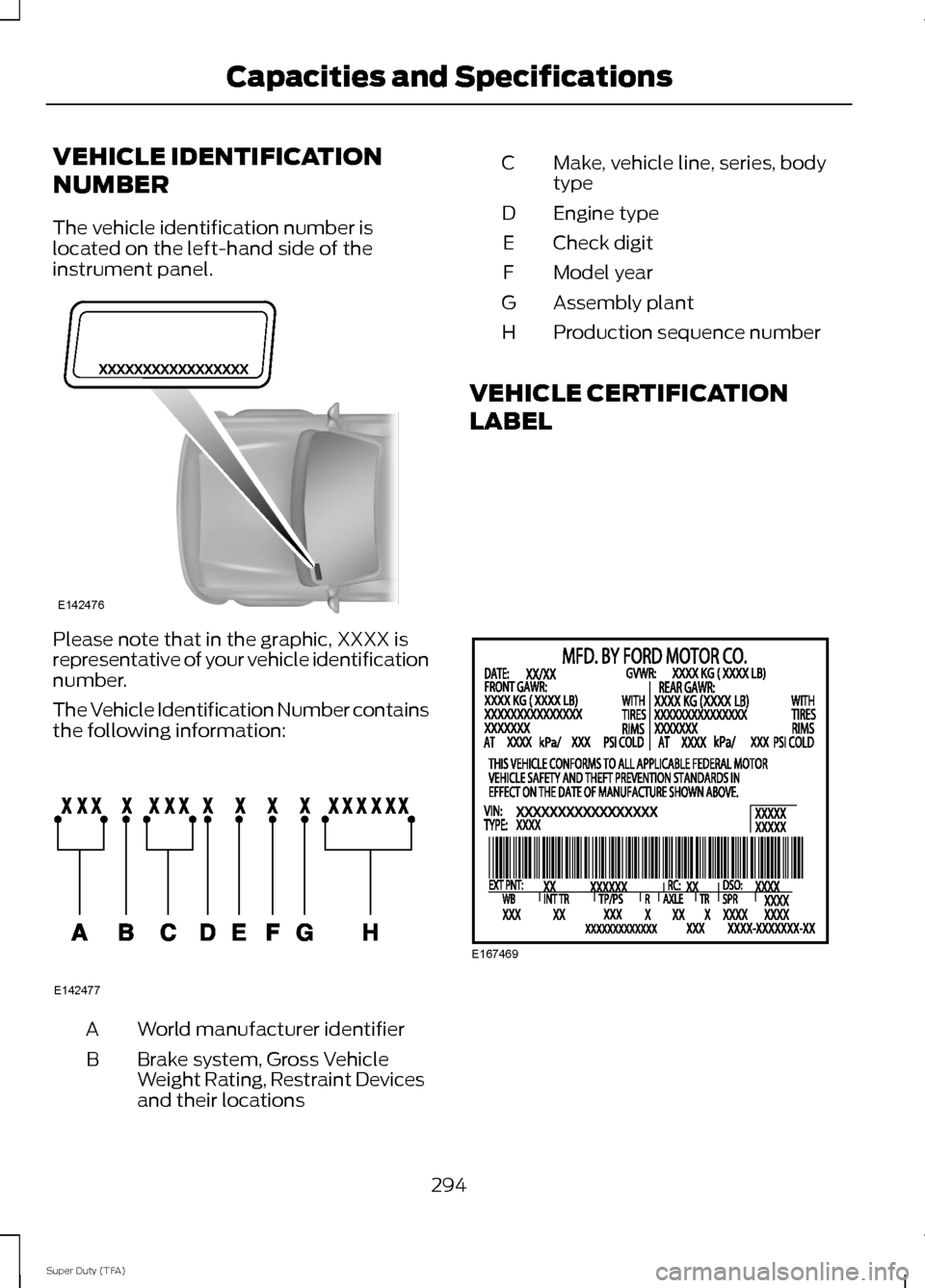 FORD SUPER DUTY 2014 3.G Owners Manual VEHICLE IDENTIFICATION
NUMBER
The vehicle identification number is
located on the left-hand side of the
instrument panel.
Please note that in the graphic, XXXX is
representative of your vehicle identi