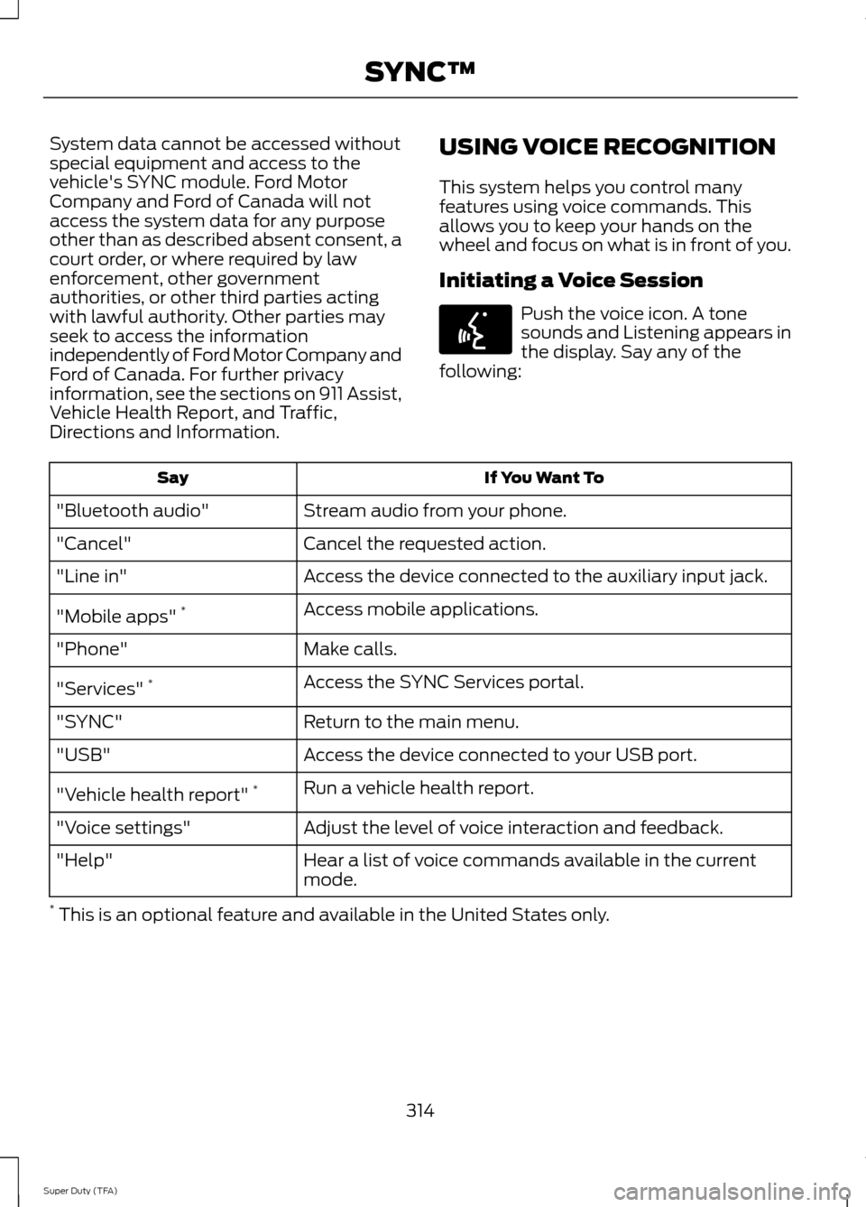 FORD SUPER DUTY 2014 3.G Owners Manual System data cannot be accessed without
special equipment and access to the
vehicles SYNC module. Ford Motor
Company and Ford of Canada will not
access the system data for any purpose
other than as de FORD SUPER DUTY 2014 3.G Owners Manual System data cannot be accessed without
special equipment and access to the
vehicles SYNC module. Ford Motor
Company and Ford of Canada will not
access the system data for any purpose
other than as de