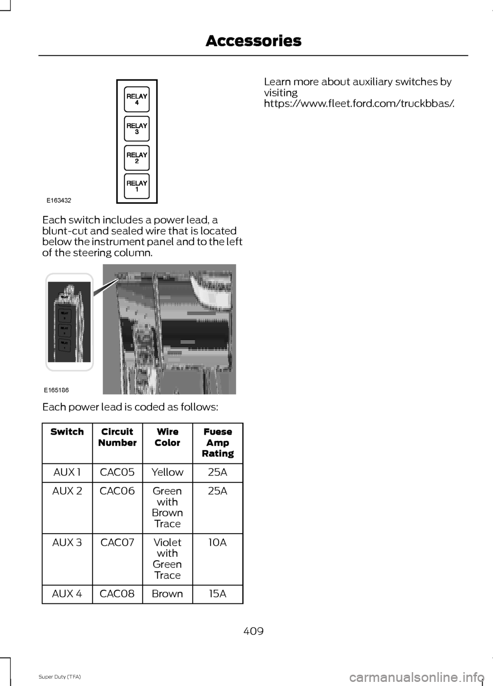 FORD SUPER DUTY 2014 3.G Owners Manual Each switch includes a power lead, a
blunt-cut and sealed wire that is located
below the instrument panel and to the left
of the steering column.
Each power lead is coded as follows:
Fuese
Amp
Rating
