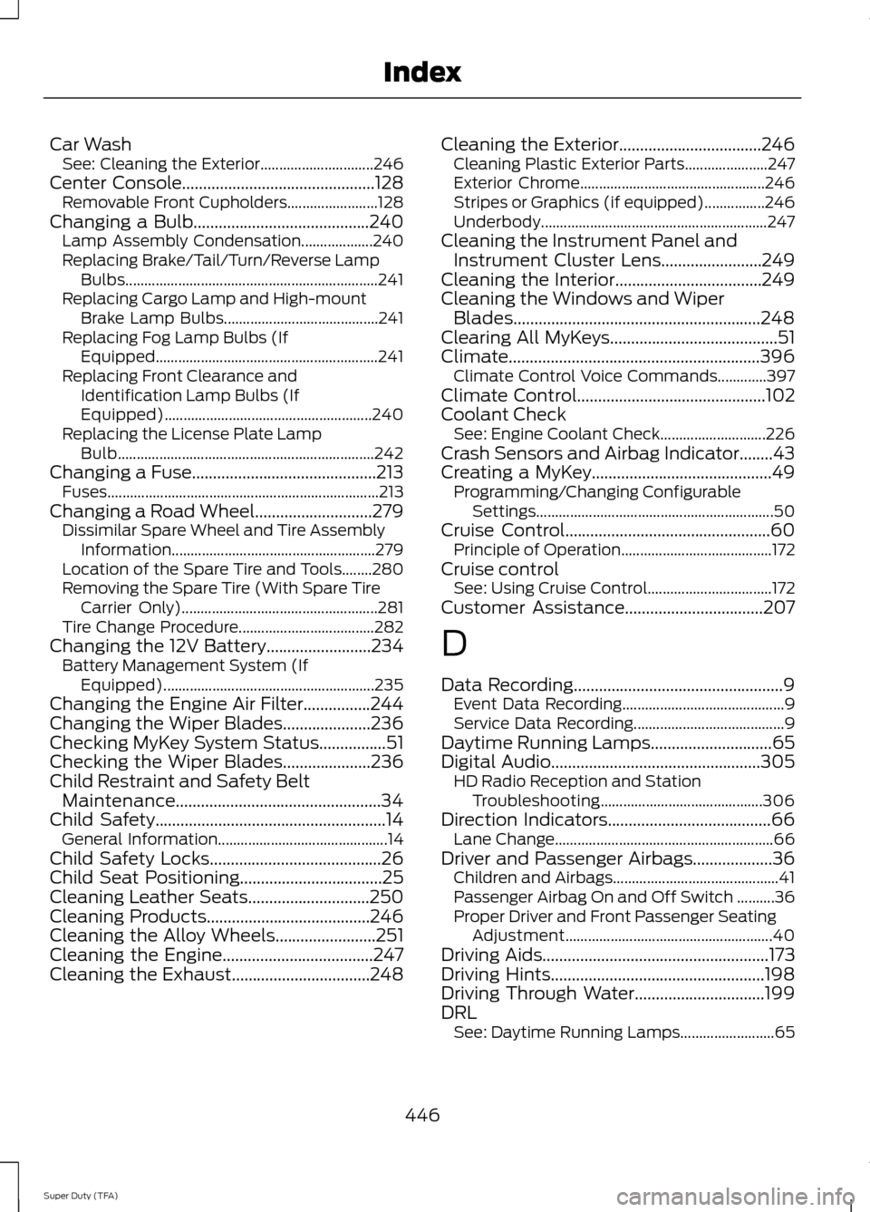 FORD SUPER DUTY 2014 3.G Owners Manual Car Wash
See: Cleaning the Exterior.............................. 246
Center Console..............................................128
Removable Front Cupholders........................ 128
Changing a 