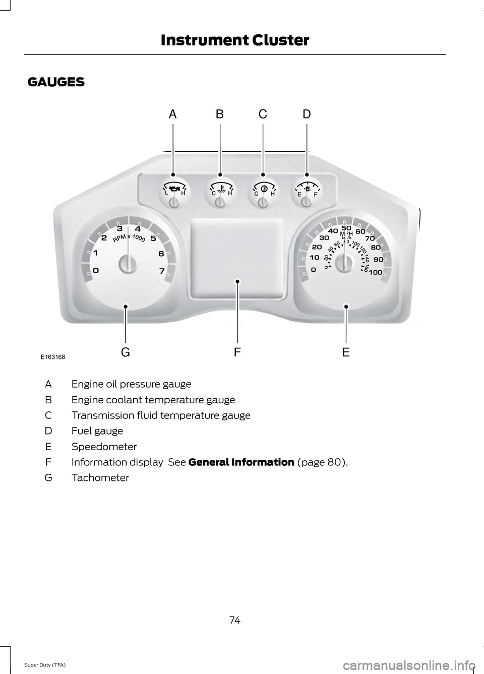FORD SUPER DUTY 2014 3.G Owners Manual GAUGES
Engine oil pressure gauge
A
Engine coolant temperature gauge
B
Transmission fluid temperature gauge
C
Fuel gauge
D
Speedometer
E
Information display  See General Information (page 80).
F
Tachom