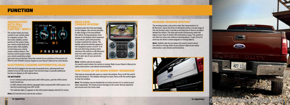 FORD SUPER DUTY 2014 3.G Quick Reference Guide *if equipped*if eQuiPPed18
AdVAnceTrA c® 
WiTH rOLL 
STABiLiTY 
cOnTrOL™ (rSc
®)*
The system helps you keep 
control of your vehicle when 
on a slippery surface. The 
electronic stability control 