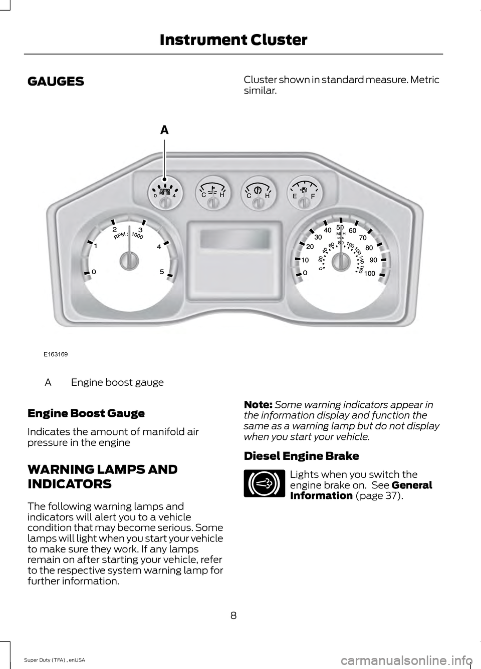 FORD SUPER DUTY 2015 3.G Diesel Supplement Manual GAUGES
Cluster shown in standard measure. Metric
similar.Engine boost gauge
A
Engine Boost Gauge
Indicates the amount of manifold air
pressure in the engine
WARNING LAMPS AND
INDICATORS
The following 