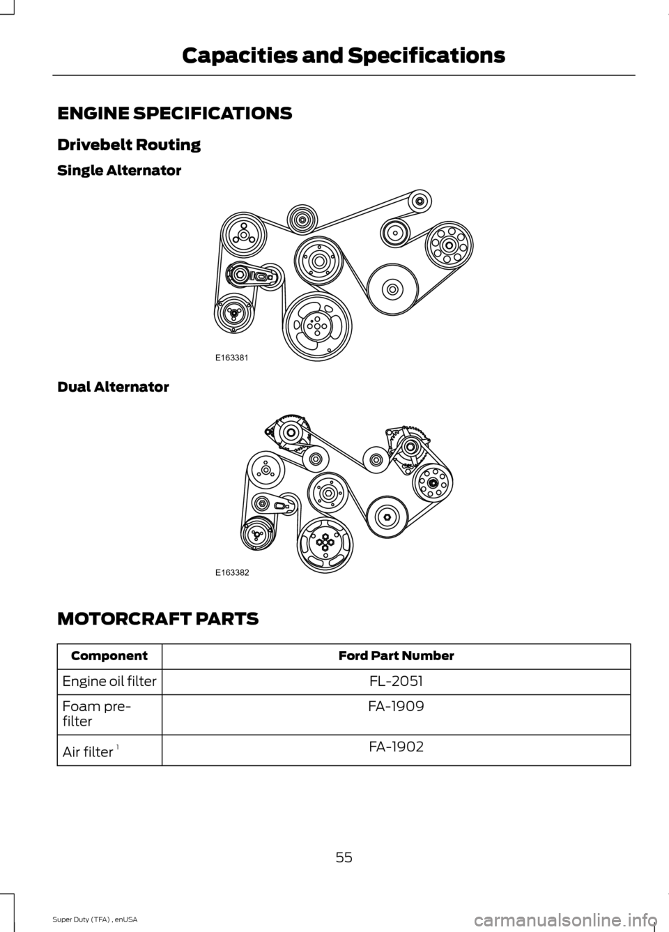FORD SUPER DUTY 2015 3.G Diesel Supplement Manual ENGINE SPECIFICATIONS
Drivebelt Routing
Single Alternator
Dual Alternator
MOTORCRAFT PARTS
Ford Part Number
Component
FL-2051
Engine oil filter
FA-1909
Foam pre-
filter
FA-1902
Air filter 1
55
Super FORD SUPER DUTY 2015 3.G Diesel Supplement Manual ENGINE SPECIFICATIONS
Drivebelt Routing
Single Alternator
Dual Alternator
MOTORCRAFT PARTS
Ford Part Number
Component
FL-2051
Engine oil filter
FA-1909
Foam pre-
filter
FA-1902
Air filter 1
55
Super