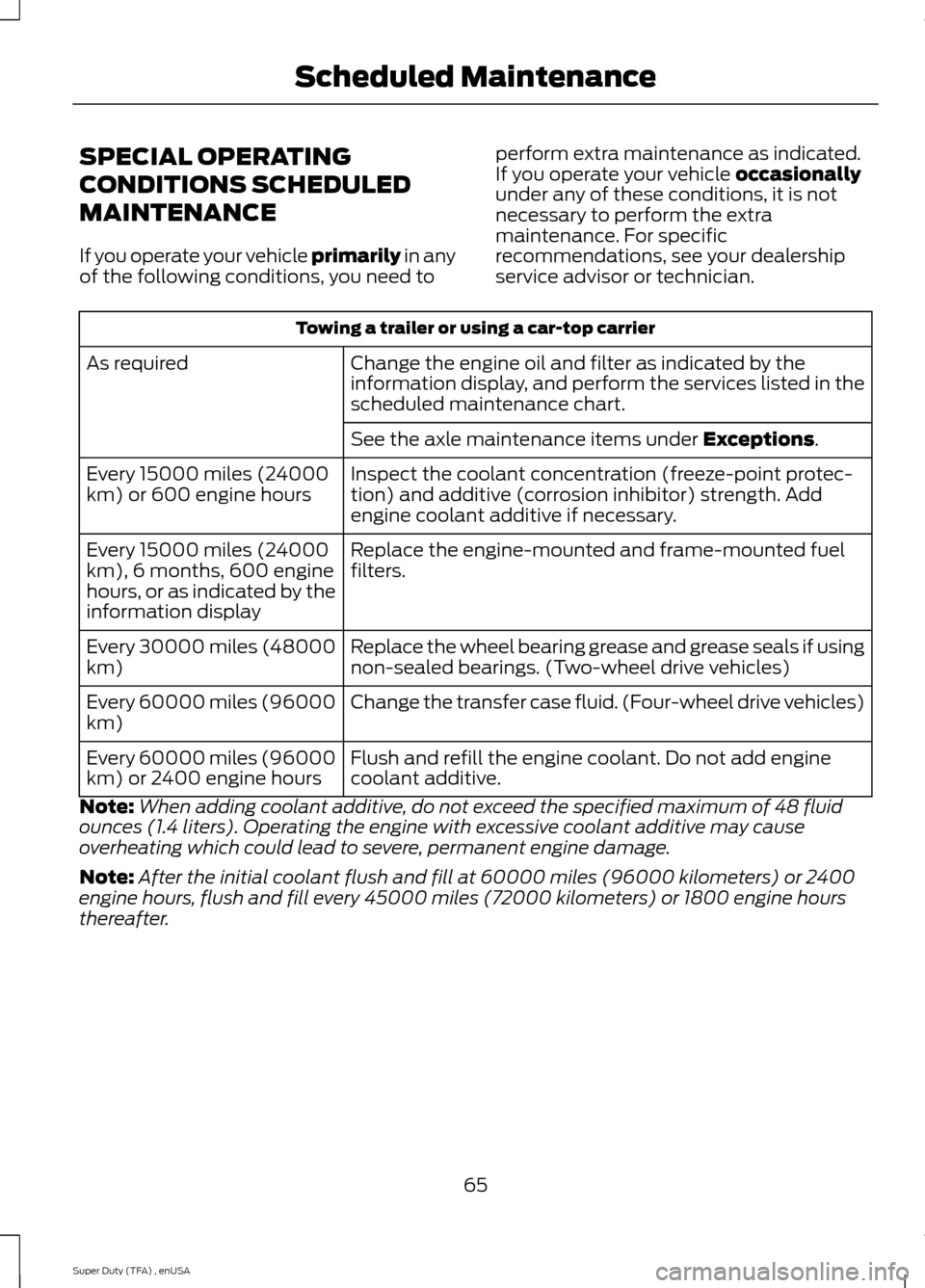 FORD SUPER DUTY 2015 3.G Diesel Supplement Manual SPECIAL OPERATING
CONDITIONS SCHEDULED
MAINTENANCE
If you operate your vehicle primarily in any
of the f
ollowing conditions, you need to perform extra maintenance as indicated.
If you operate your ve