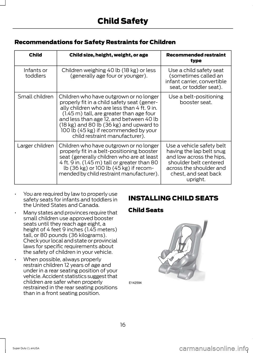 FORD SUPER DUTY 2015 3.G User Guide Recommendations for Safety Restraints for Children
Recommended restrainttypeChild size, height, weight, or ageChild
Use a child safety seat(sometimes called aninfant carrier, convertibleseat, or toddl FORD SUPER DUTY 2015 3.G User Guide Recommendations for Safety Restraints for Children
Recommended restrainttypeChild size, height, weight, or ageChild
Use a child safety seat(sometimes called aninfant carrier, convertibleseat, or toddl