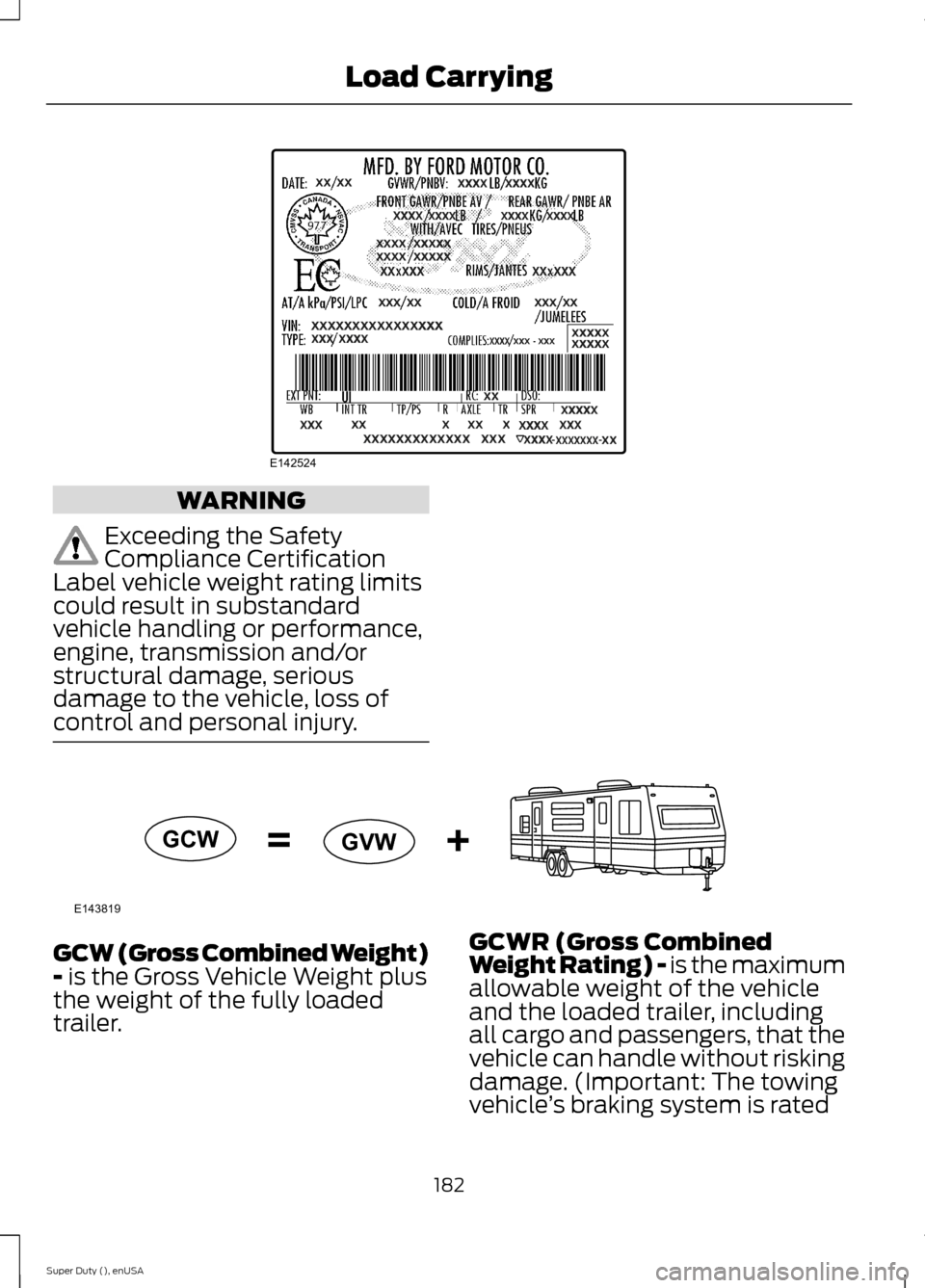 FORD SUPER DUTY 2015 3.G Owners Manual WARNING
Exceeding the SafetyCompliance CertificationLabel vehicle weight rating limitscould result in substandardvehicle handling or performance,engine, transmission and/orstructural damage, seriousda FORD SUPER DUTY 2015 3.G Owners Manual WARNING
Exceeding the SafetyCompliance CertificationLabel vehicle weight rating limitscould result in substandardvehicle handling or performance,engine, transmission and/orstructural damage, seriousda