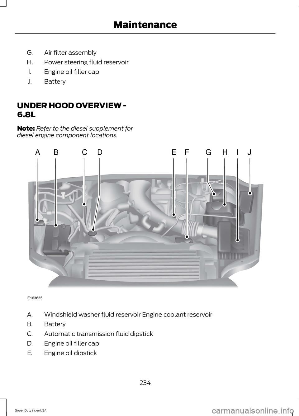 FORD SUPER DUTY 2015 3.G Owners Manual Air filter assemblyG.
Power steering fluid reservoirH.
Engine oil filler capI.
BatteryJ.
UNDER HOOD OVERVIEW -
6.8L
Note:Refer to the diesel supplement fordiesel engine component locations.
Windshield FORD SUPER DUTY 2015 3.G Owners Manual Air filter assemblyG.
Power steering fluid reservoirH.
Engine oil filler capI.
BatteryJ.
UNDER HOOD OVERVIEW -
6.8L
Note:Refer to the diesel supplement fordiesel engine component locations.
Windshield