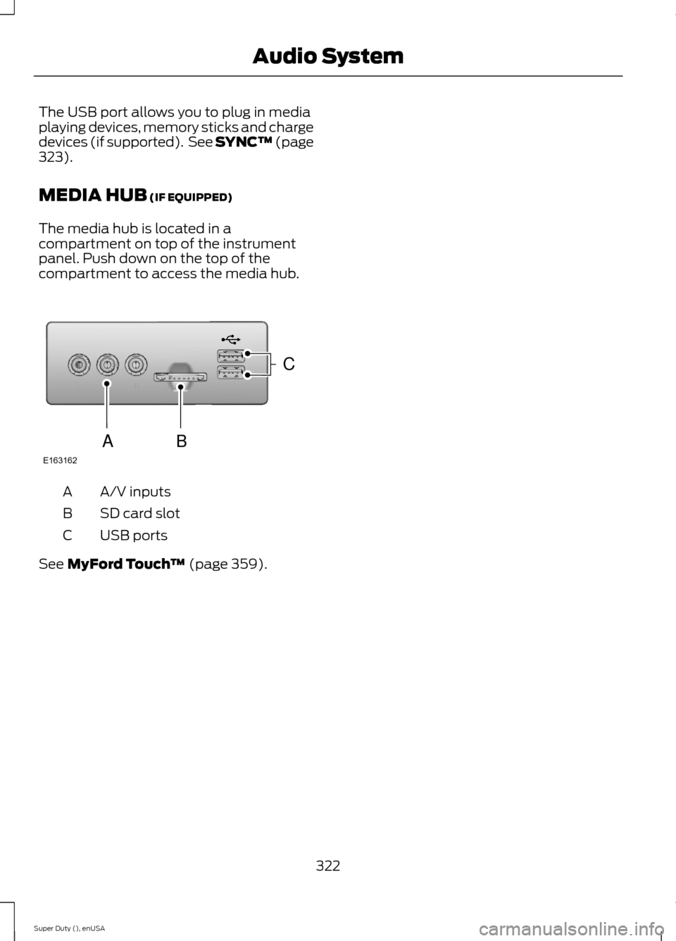 FORD SUPER DUTY 2015 3.G Owners Manual The USB port allows you to plug in mediaplaying devices, memory sticks and chargedevices (if supported). See SYNC™ (page323).
MEDIA HUB (IF EQUIPPED)
The media hub is located in acompartment on top 