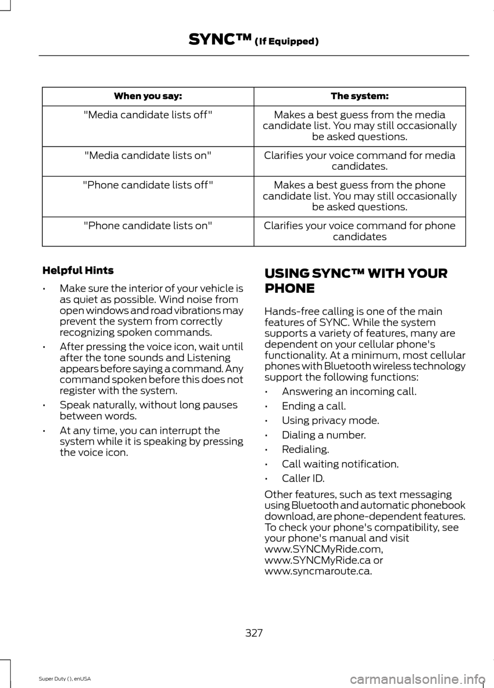 FORD SUPER DUTY 2015 3.G Owners Manual The system:When you say:
Makes a best guess from the mediacandidate list. You may still occasionallybe asked questions.
"Media candidate lists off"
Clarifies your voice command for mediacandidates."Me
