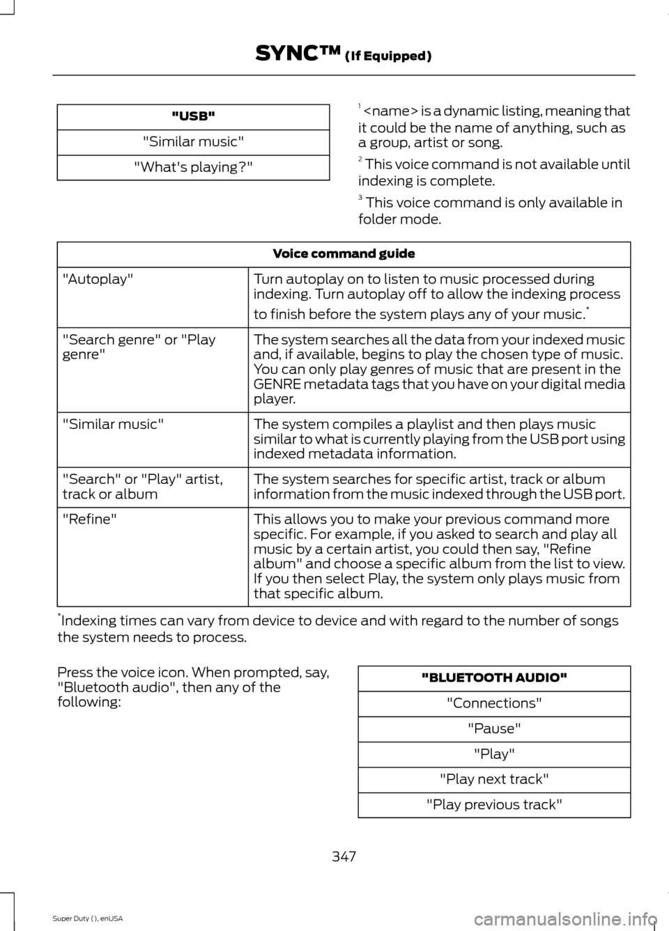 FORD SUPER DUTY 2015 3.G Owners Manual "USB"
"Similar music"
"Whats playing?"
1 <name> is a dynamic listing, meaning thatit could be the name of anything, such asa group, artist or song.2 This voice command is not available untilindexing 