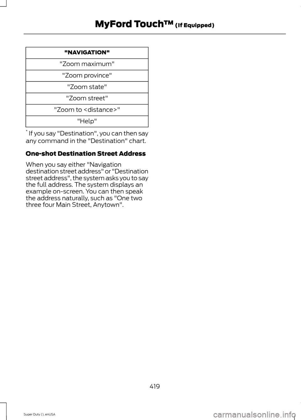 FORD SUPER DUTY 2015 3.G Owners Manual "NAVIGATION"
"Zoom maximum"
"Zoom province"
"Zoom state"
"Zoom street"
"Zoom to <distance>"
"Help"
* If you say "Destination", you can then sayany command in the "Destination" chart.
One-shot Destinat FORD SUPER DUTY 2015 3.G Owners Manual "NAVIGATION"
"Zoom maximum"
"Zoom province"
"Zoom state"
"Zoom street"
"Zoom to <distance>"
"Help"
* If you say "Destination", you can then sayany command in the "Destination" chart.
One-shot Destinat