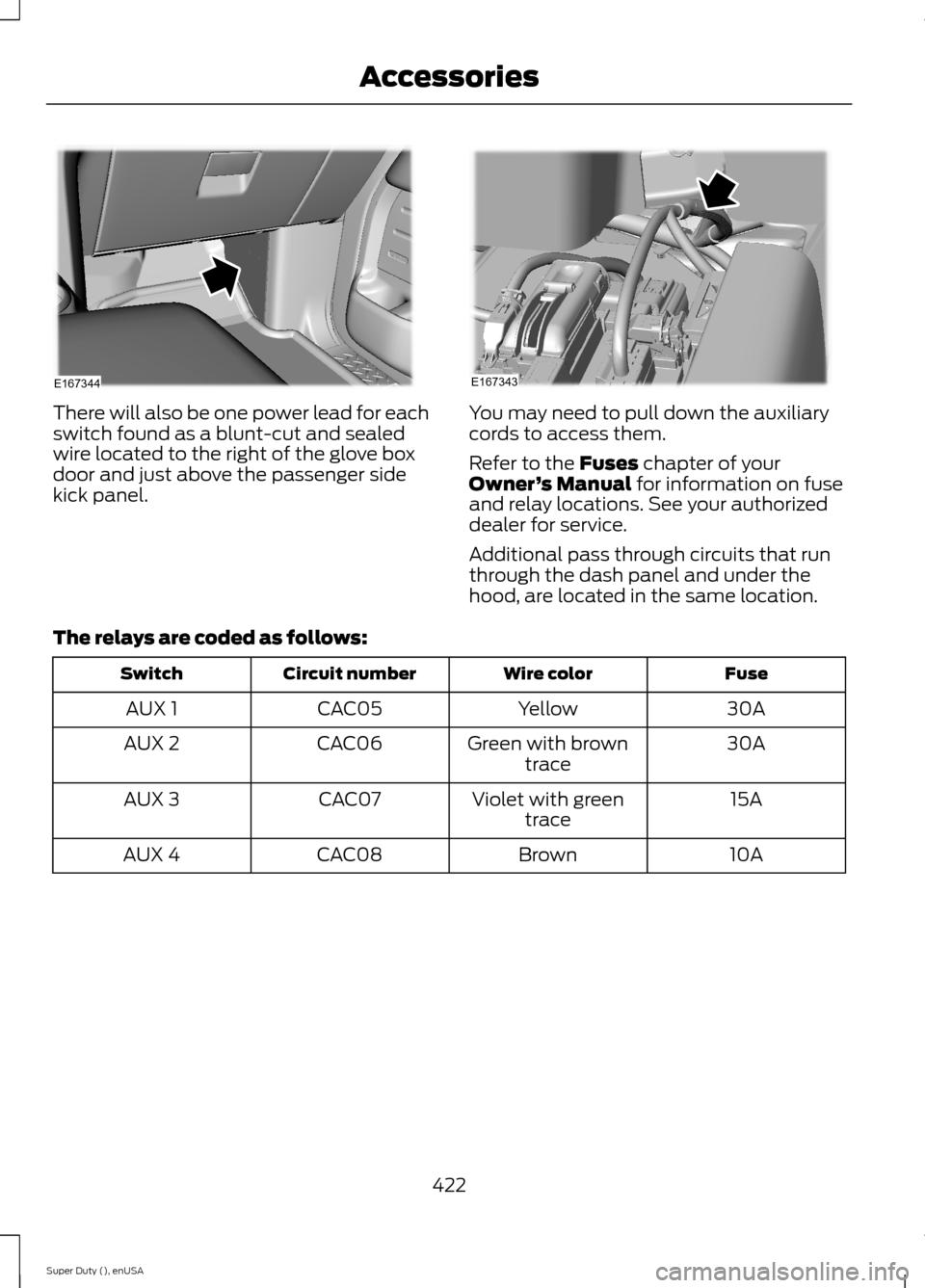 FORD SUPER DUTY 2015 3.G Owners Manual There will also be one power lead for eachswitch found as a blunt-cut and sealedwire located to the right of the glove boxdoor and just above the passenger sidekick panel.
You may need to pull down th FORD SUPER DUTY 2015 3.G Owners Manual There will also be one power lead for eachswitch found as a blunt-cut and sealedwire located to the right of the glove boxdoor and just above the passenger sidekick panel.
You may need to pull down th