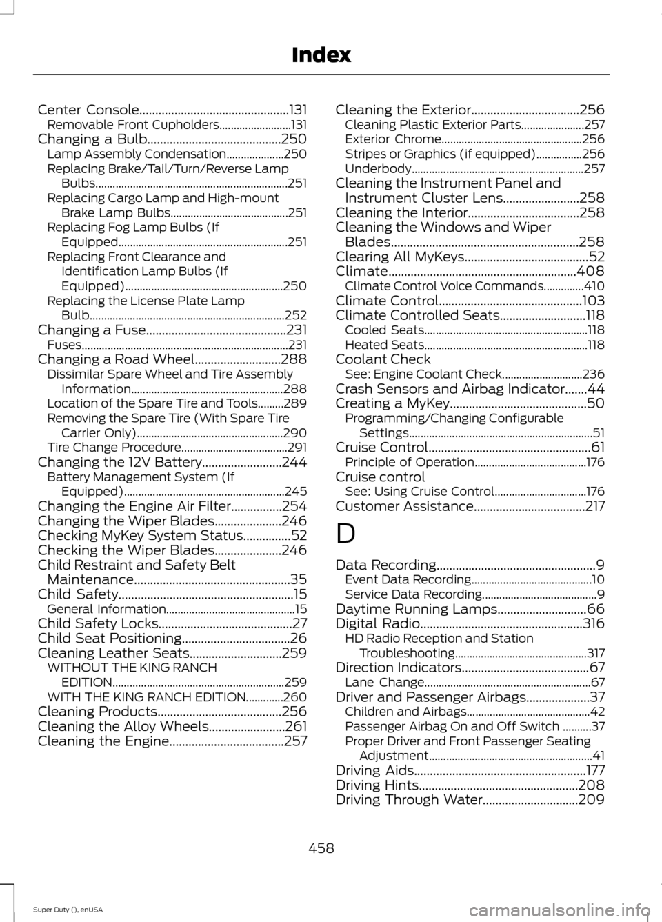 FORD SUPER DUTY 2015 3.G Owners Manual Center Console...............................................131Removable Front Cupholders.........................131Changing a Bulb..........................................250Lamp Assembly Condensa
