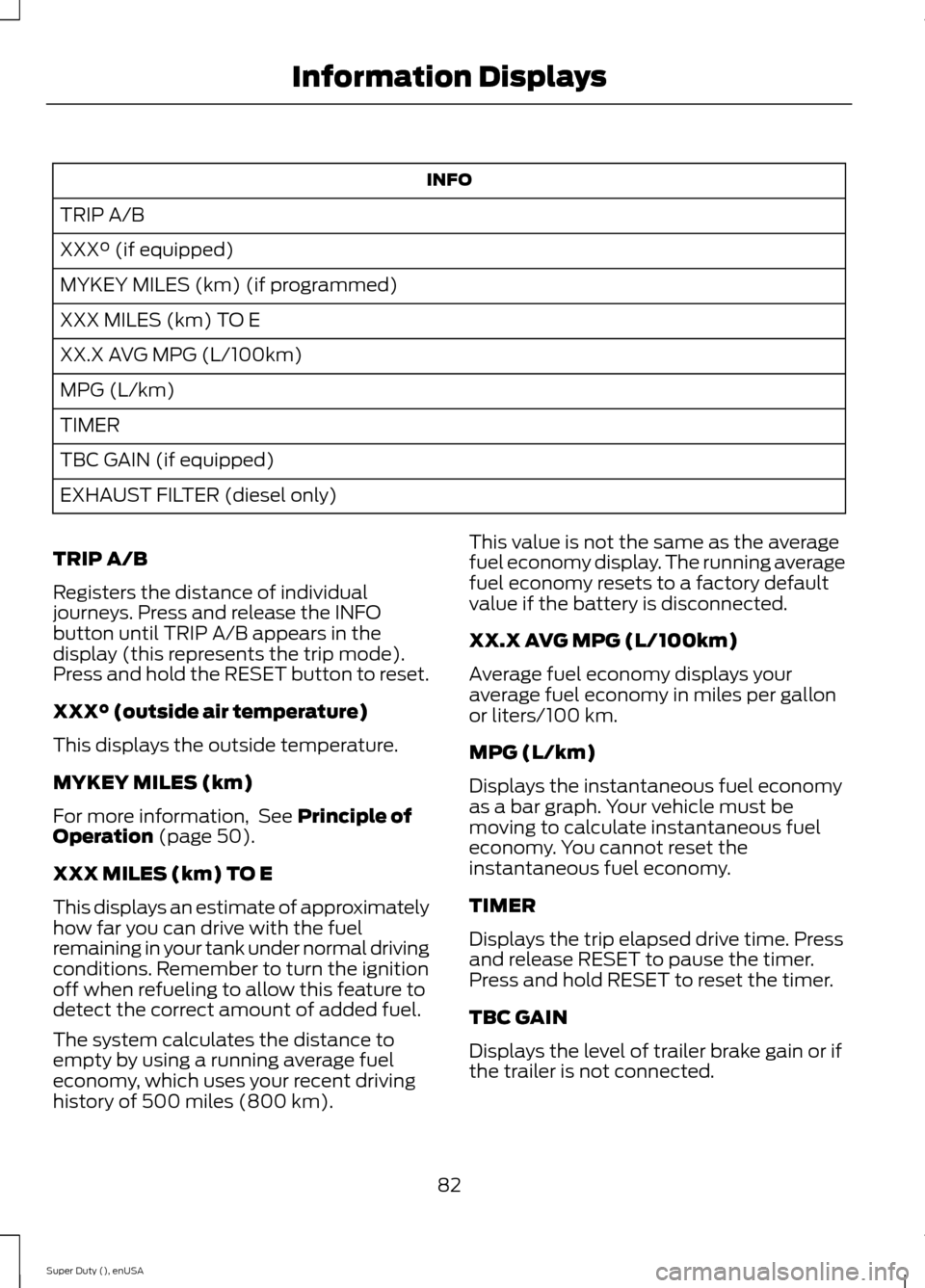 FORD SUPER DUTY 2015 3.G Owners Manual INFO
TRIP A/B
XXX° (if equipped)
MYKEY MILES (km) (if programmed)
XXX MILES (km) TO E
XX.X AVG MPG (L/100km)
MPG (L/km)
TIMER
TBC GAIN (if equipped)
EXHAUST FILTER (diesel only)
TRIP A/B
Registers th