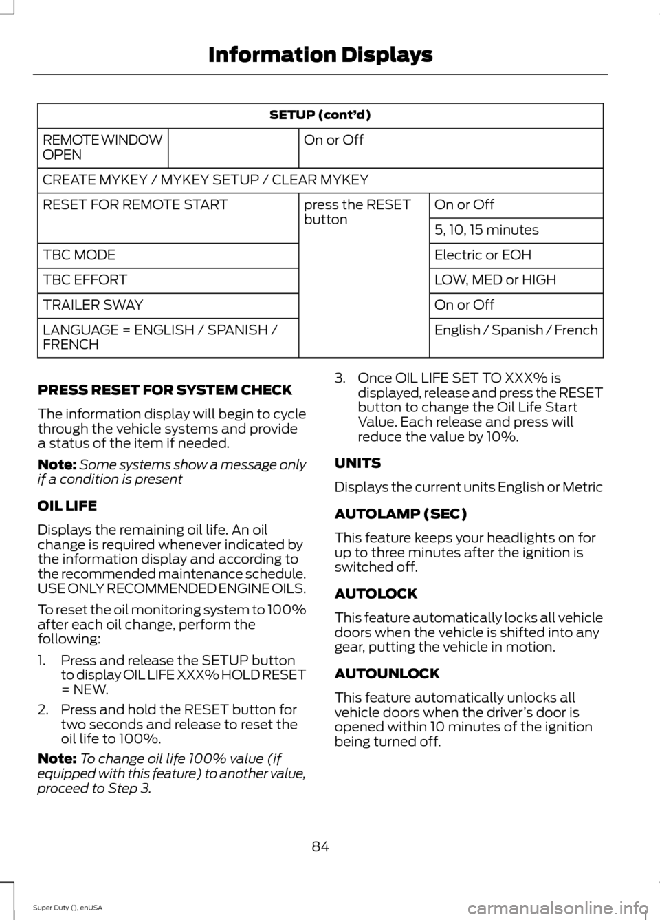FORD SUPER DUTY 2015 3.G Manual Online SETUP (cont’d)
On or OffREMOTE WINDOWOPEN
CREATE MYKEY / MYKEY SETUP / CLEAR MYKEY
On or Offpress the RESETbuttonRESET FOR REMOTE START
5, 10, 15 minutes
Electric or EOHTBC MODE
LOW, MED or HIGHTBC 
