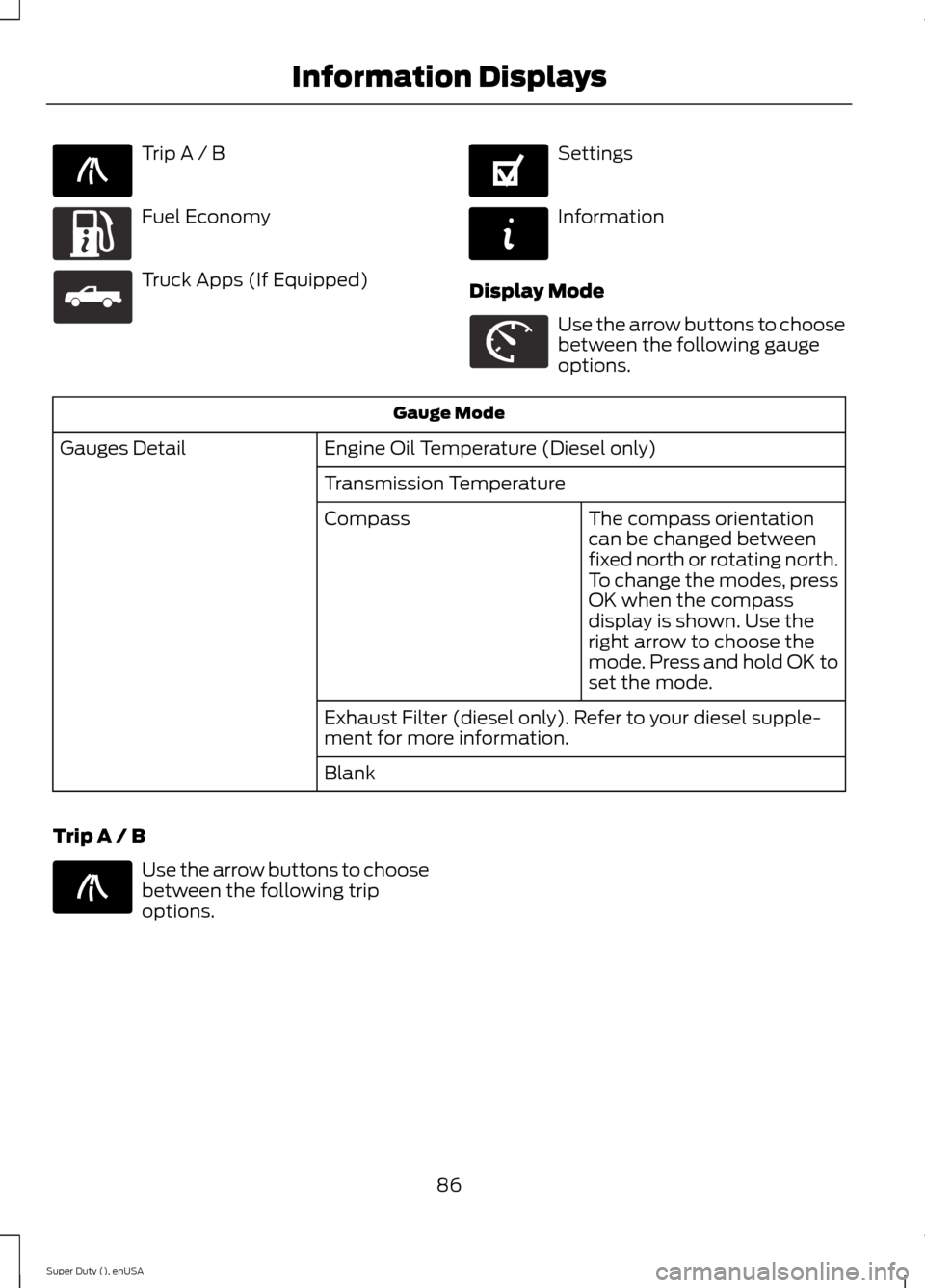 FORD SUPER DUTY 2015 3.G Owners Manual Trip A / B
Fuel Economy
Truck Apps (If Equipped)
Settings
Information
Display Mode
Use the arrow buttons to choosebetween the following gaugeoptions.
Gauge Mode
Engine Oil Temperature (Diesel only)Gau
