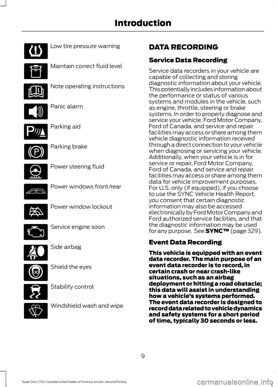 FORD SUPER DUTY 2016 3.G User Guide Low tire pressure warning
Maintain correct fluid level
Note operating instructions
Panic alarm
Parking aid
Parking brake
Power steering fluid
Power windows front/rear
Power window lockout
Service engi FORD SUPER DUTY 2016 3.G User Guide Low tire pressure warning
Maintain correct fluid level
Note operating instructions
Panic alarm
Parking aid
Parking brake
Power steering fluid
Power windows front/rear
Power window lockout
Service engi