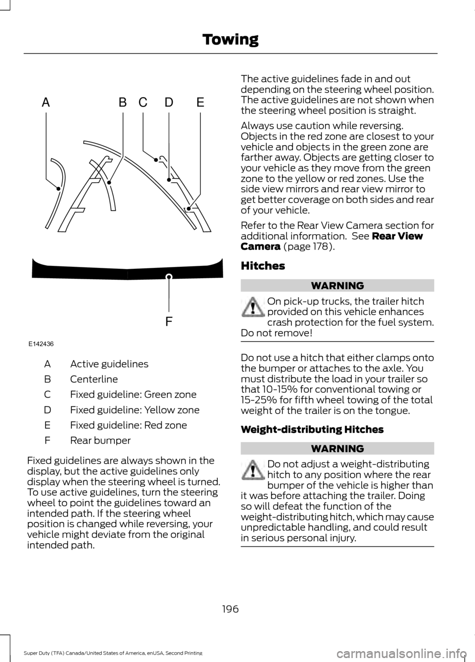 FORD SUPER DUTY 2016 3.G Owners Manual Active guidelines
A
Centerline
B
Fixed guideline: Green zone
C
Fixed guideline: Yellow zone
D
Fixed guideline: Red zone
E
Rear bumper
F
Fixed guidelines are always shown in the
display, but the active