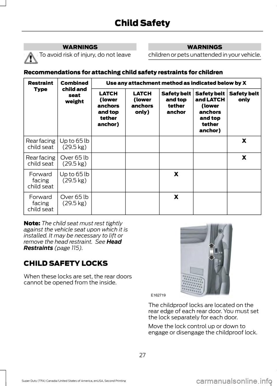 FORD SUPER DUTY 2016 3.G Owners Manual WARNINGS
To avoid risk of injury, do not leave WARNINGS
children or pets unattended in your vehicle. Recommendations for attaching child safety restraints for children
Use any attachment method as ind