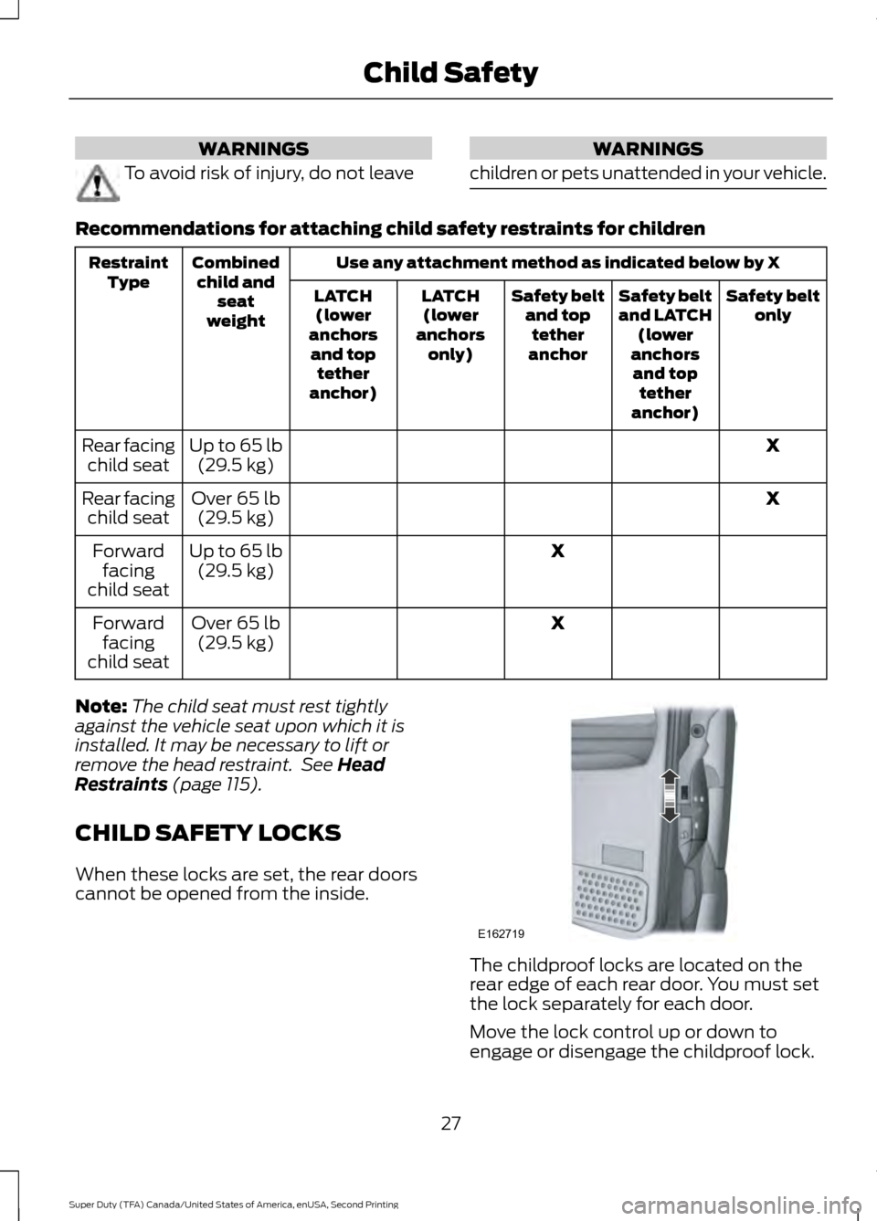 FORD SUPER DUTY 2016 3.G Owners Manual WARNINGS
To avoid risk of injury, do not leave WARNINGS
children or pets unattended in your vehicle. Recommendations for attaching child safety restraints for children
Use any attachment method as ind FORD SUPER DUTY 2016 3.G Owners Manual WARNINGS
To avoid risk of injury, do not leave WARNINGS
children or pets unattended in your vehicle. Recommendations for attaching child safety restraints for children
Use any attachment method as ind