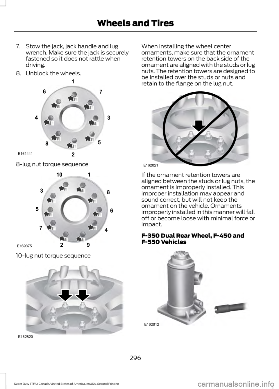 FORD SUPER DUTY 2016 3.G Owners Manual 7. Stow the jack, jack handle and lug
wrench. Make sure the jack is securely
fastened so it does not rattle when
driving.
8. Unblock the wheels. 8-lug nut torque sequence
10-lug nut torque sequence Wh