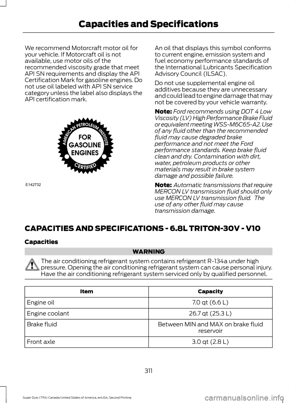 FORD SUPER DUTY 2016 3.G Owners Manual We recommend Motorcraft motor oil for
your vehicle. If Motorcraft oil is not
available, use motor oils of the
recommended viscosity grade that meet
API SN requirements and display the API
Certificatio