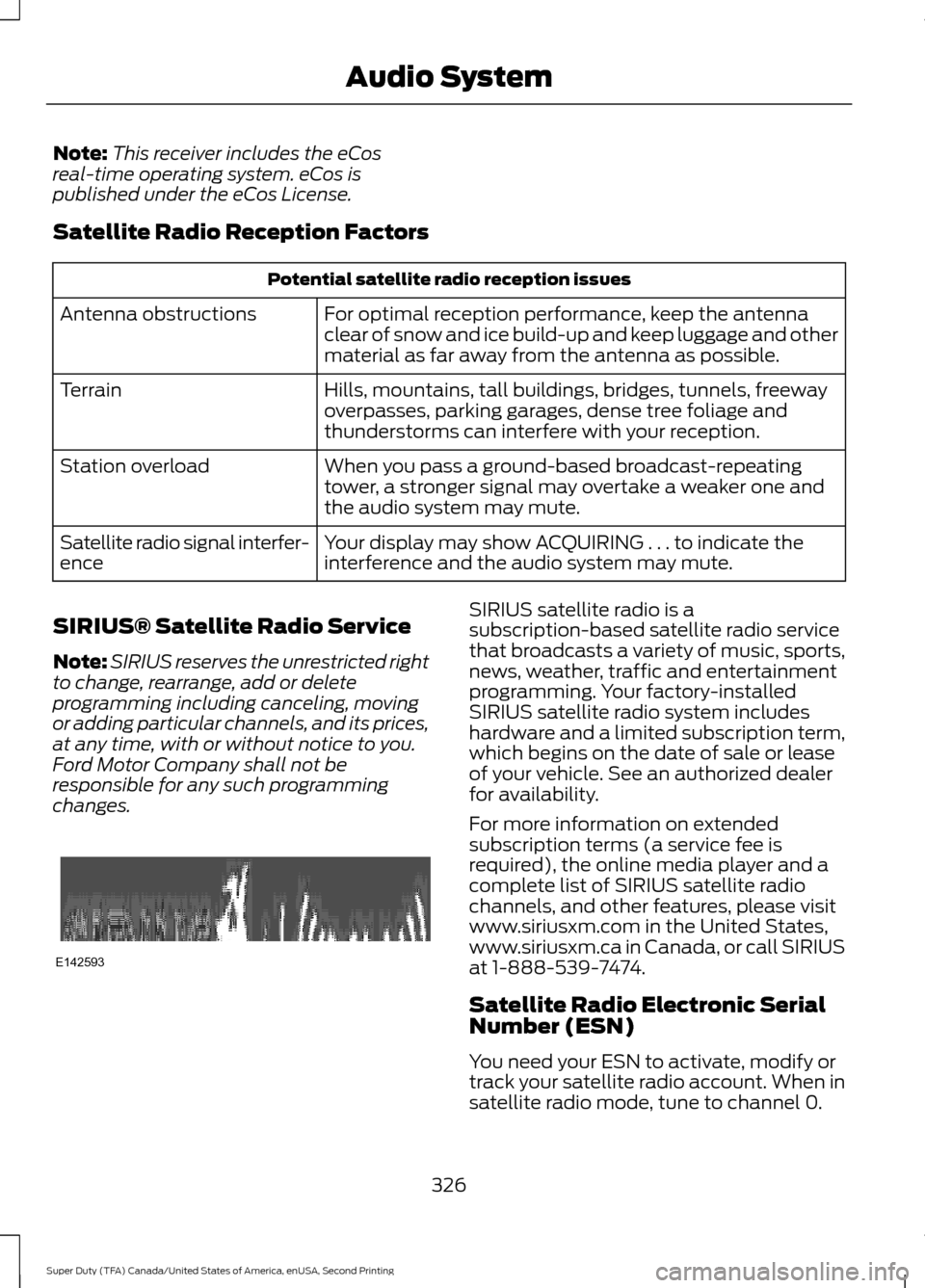 FORD SUPER DUTY 2016 3.G Owners Manual Note:
This receiver includes the eCos
real-time operating system. eCos is
published under the eCos License.
Satellite Radio Reception Factors Potential satellite radio reception issues
For optimal rec FORD SUPER DUTY 2016 3.G Owners Manual Note:
This receiver includes the eCos
real-time operating system. eCos is
published under the eCos License.
Satellite Radio Reception Factors Potential satellite radio reception issues
For optimal rec