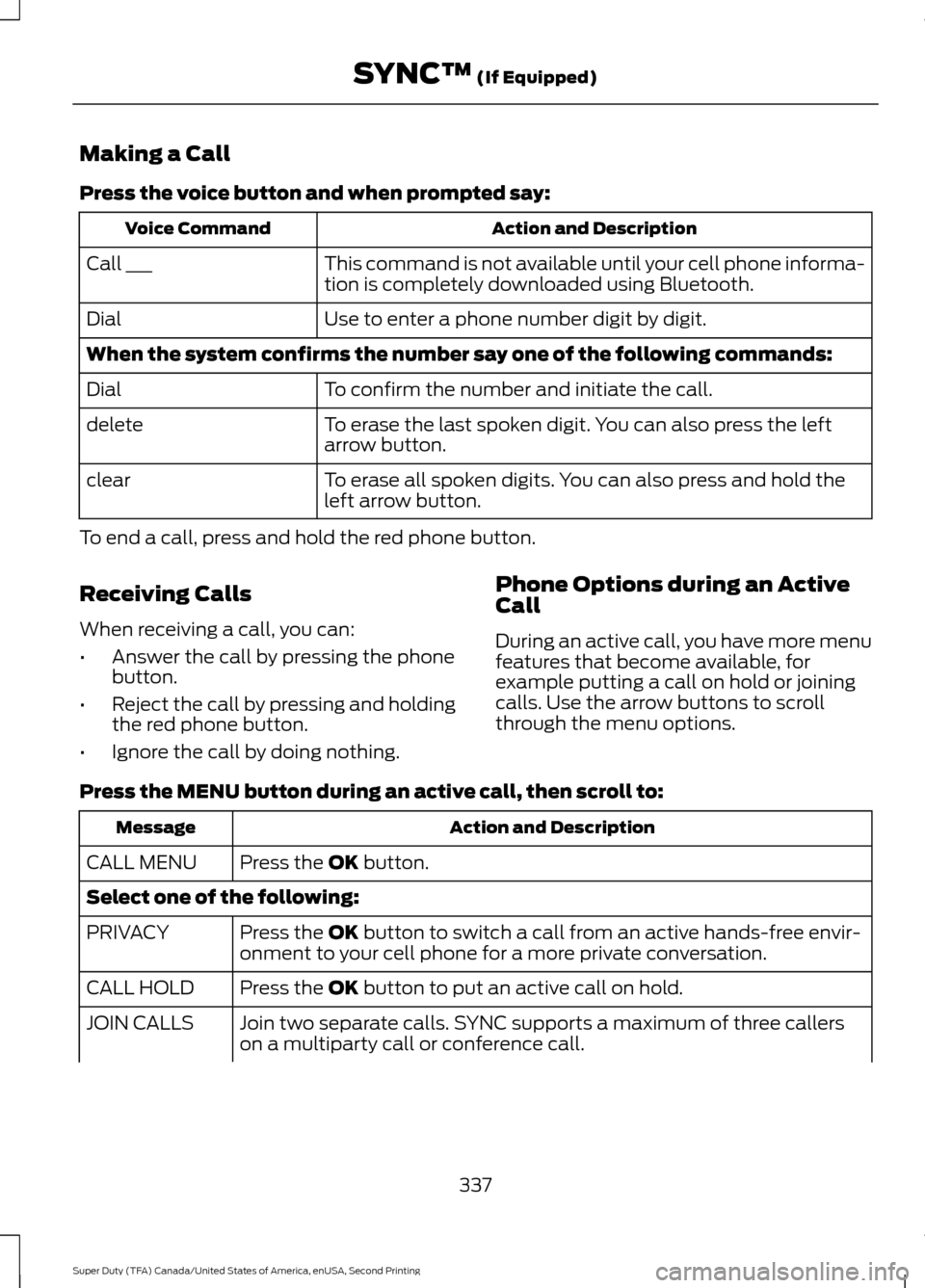 FORD SUPER DUTY 2016 3.G Owners Manual Making a Call
Press the voice button and when prompted say:
Action and Description
Voice Command
This command is not available until your cell phone informa-
tion is completely downloaded using Blueto FORD SUPER DUTY 2016 3.G Owners Manual Making a Call
Press the voice button and when prompted say:
Action and Description
Voice Command
This command is not available until your cell phone informa-
tion is completely downloaded using Blueto