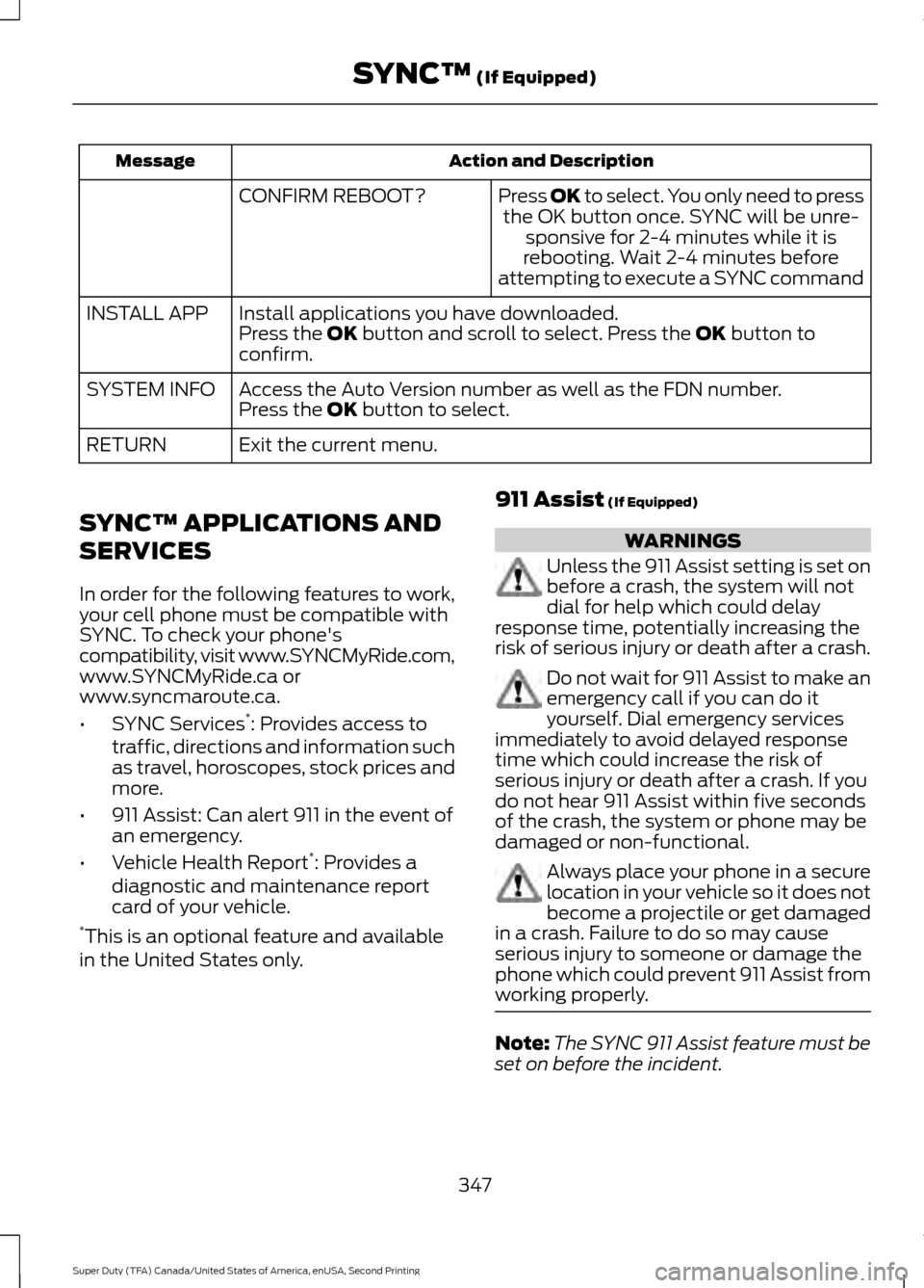 FORD SUPER DUTY 2016 3.G Owners Manual Action and Description
Message
Press OK to select. You only need to pressthe OK button once. SYNC will be unre- sponsive for 2-4 minutes while it is
rebooting. Wait 2-4 minutes before
attempting to ex