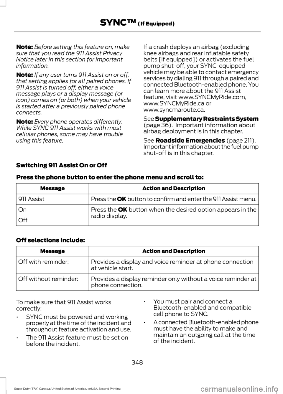 FORD SUPER DUTY 2016 3.G Owners Manual Note:
Before setting this feature on, make
sure that you read the 911 Assist Privacy
Notice later in this section for important
information.
Note: If any user turns 911 Assist on or off,
that setting 