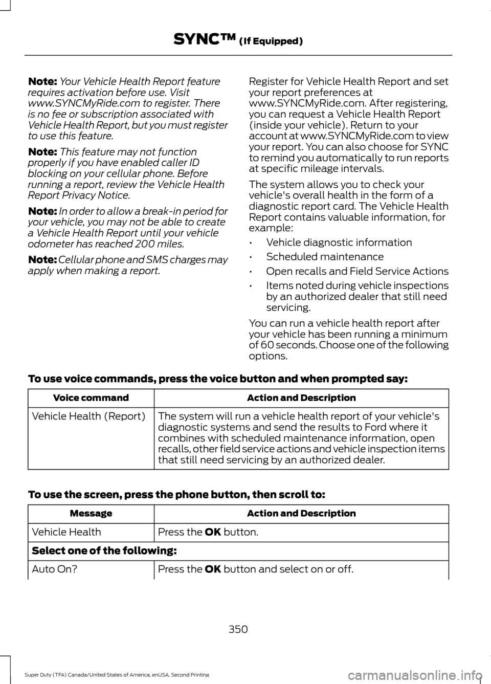 FORD SUPER DUTY 2016 3.G Owners Manual Note:
Your Vehicle Health Report feature
requires activation before use. Visit
www.SYNCMyRide.com to register. There
is no fee or subscription associated with
Vehicle Health Report, but you must regis